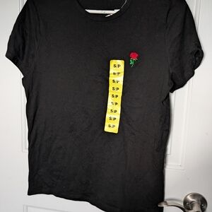 Black Tee with Rose Embroidery | Minimal Aesthetic | Size S | NWT